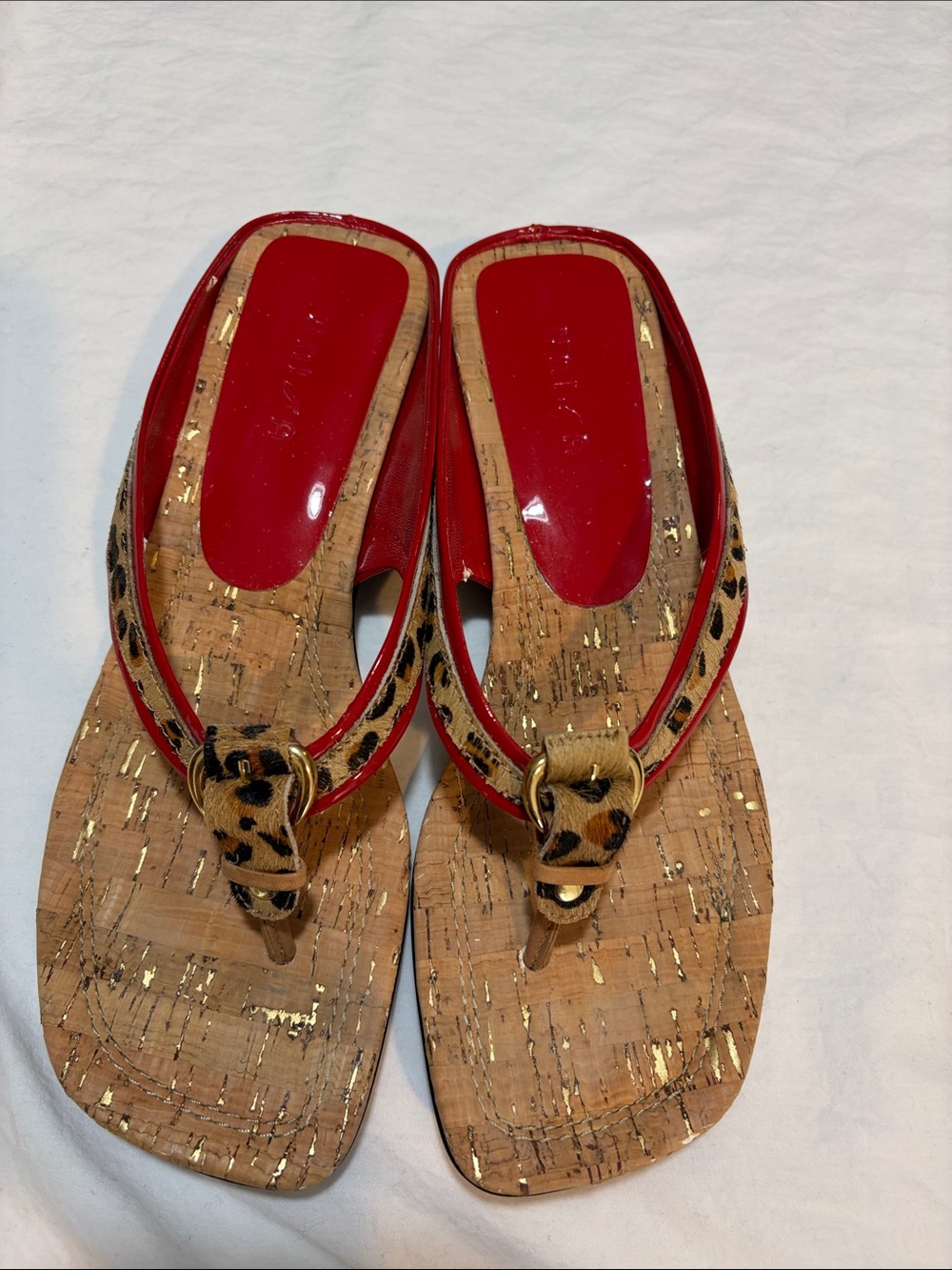 Unisa Red Thong Sandals with Leopard Buckle and Gold Cork Inlay